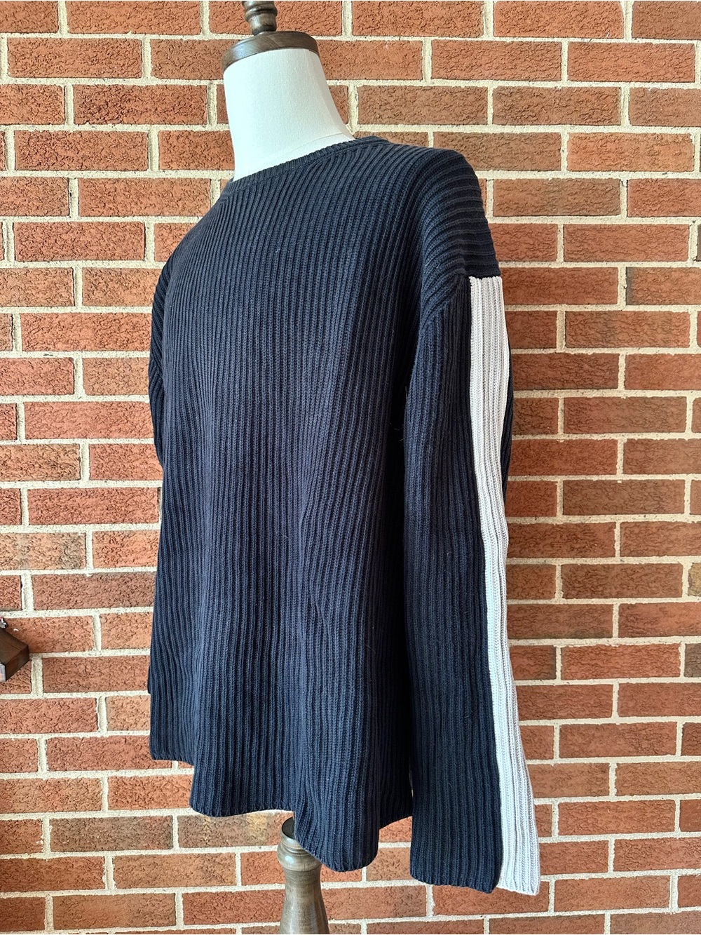 Vintage GAP Sweater Mens XXL Navy Ribbed Knit Crewneck Cotton Stripe Sleeve